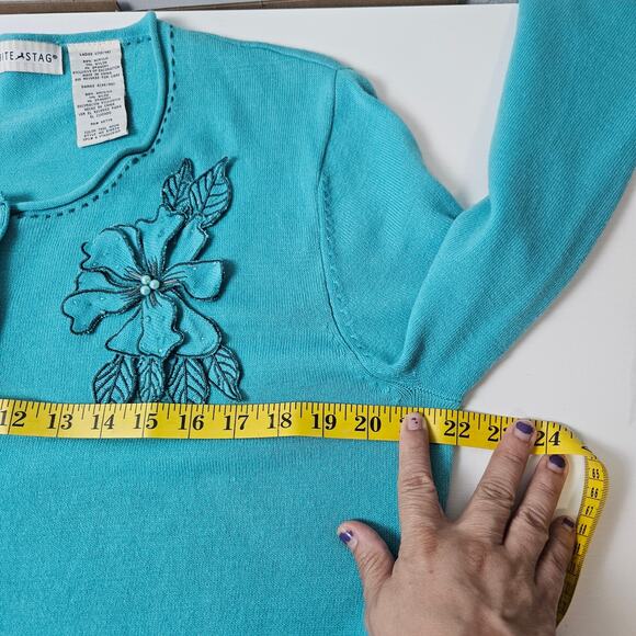 White Stag Cardigan Sweater Womens Large Teal Floral Button Front Knit Cottage - Picture 5 of 6